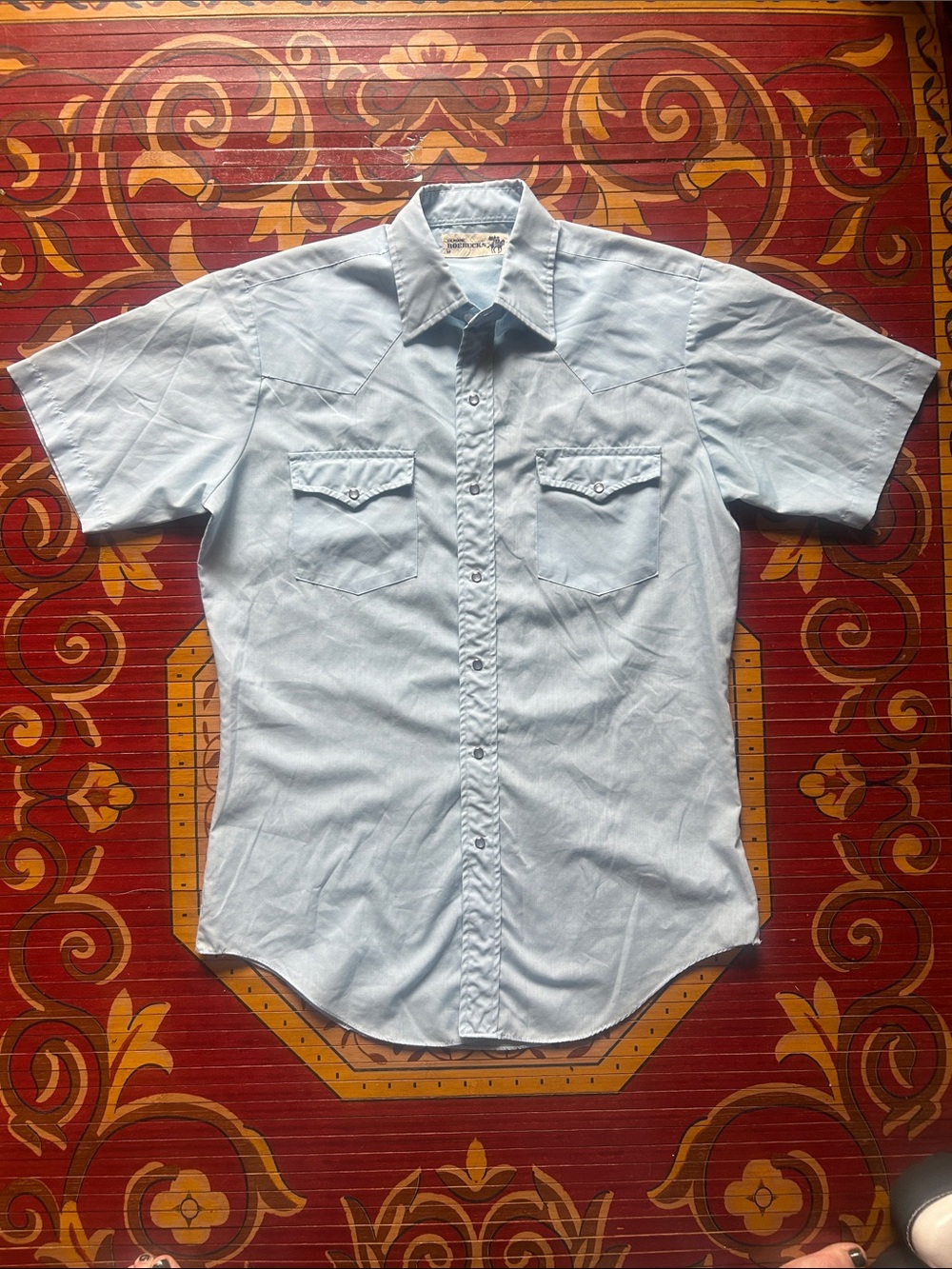 Men's Light Blue Short-Sleeve Button-Down Western Shirt vintage Roebucks